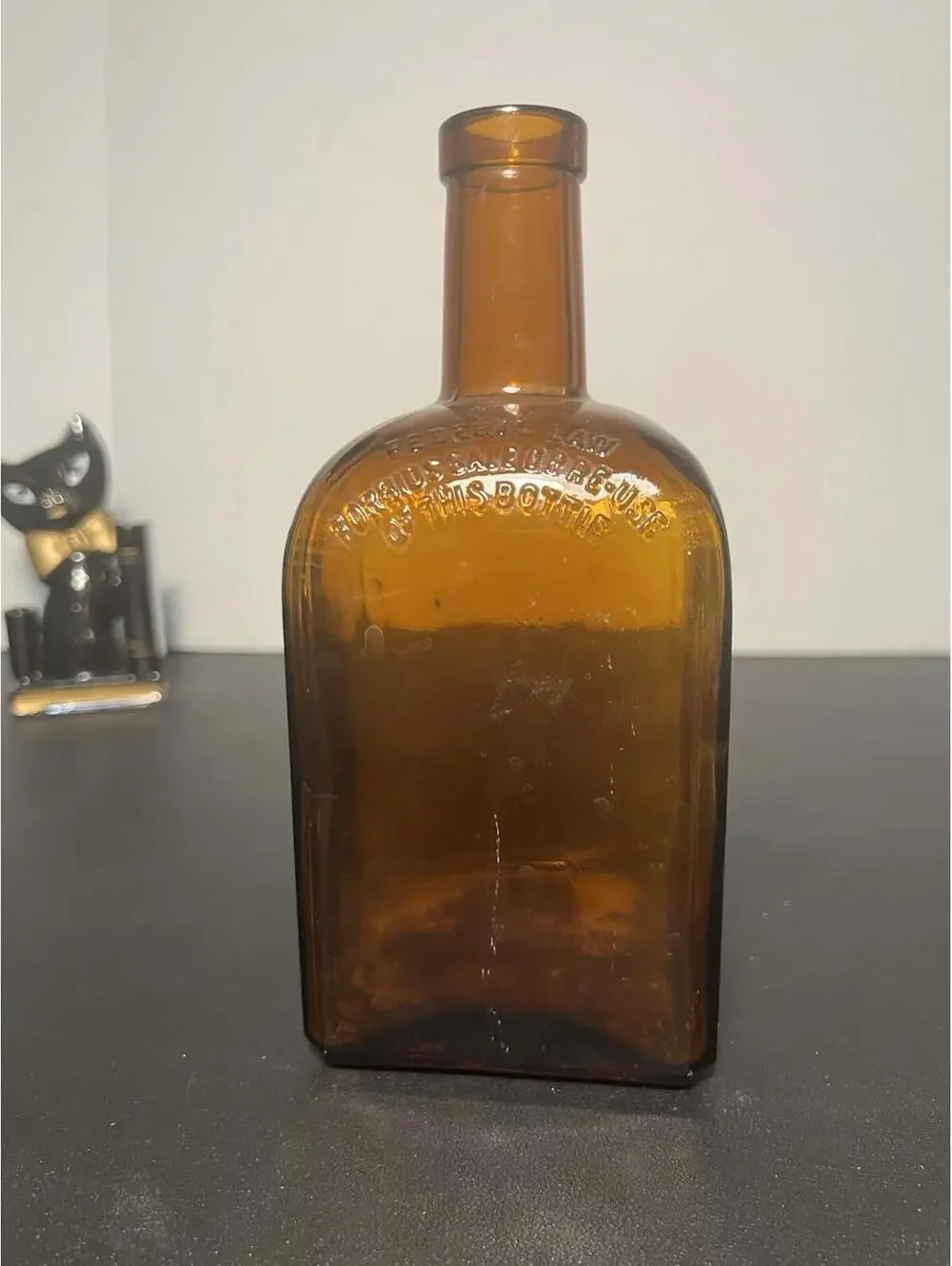 Wheaton Glass Co 1952 Federal Law Amber Strap-Sided Liquor Bottle, 3.5x7.75”